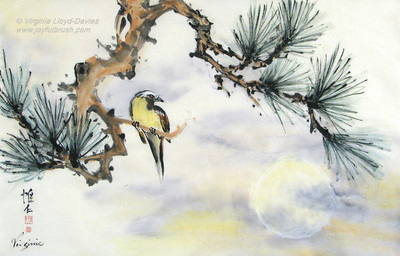 Chinese brush painting of bird sitting on a pine branch in the moonlight