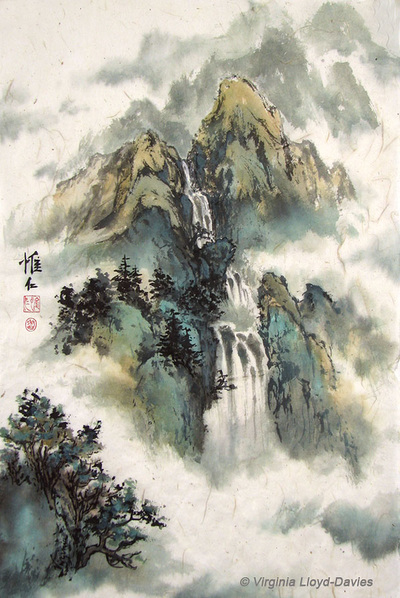 Chinese brush painting of blue-green mountains and 4-step waterfalls