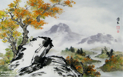 Chinese brush painting of rocks, mountains and fall colors