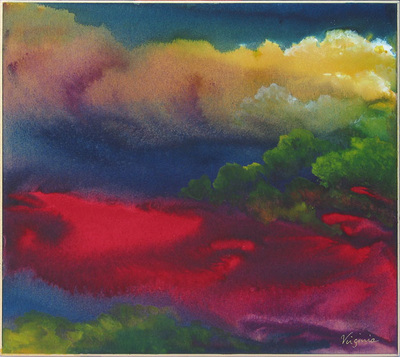 Impression of green and yellow clouds above red landscape