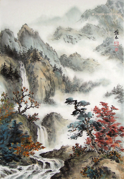 Chinese brush painting of misty mountains, waterfalls and blue and red trees