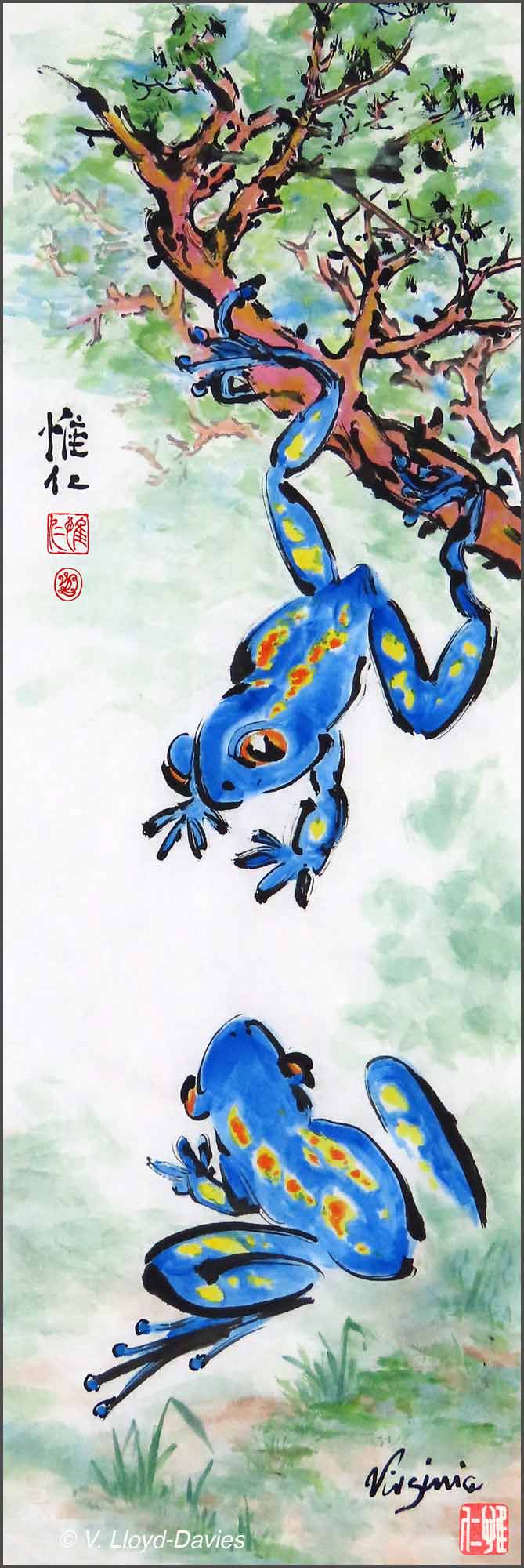 two blue frogs, one sitting, one jumping down