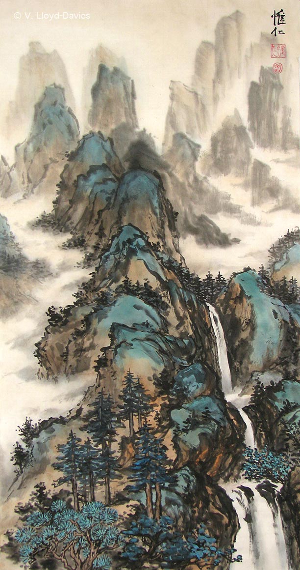 rocks, mountains and waterfalls in blues, greens and browns