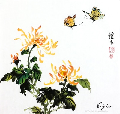 Chinese brush painting of yellow and orange chrysanthemums and two butterflies