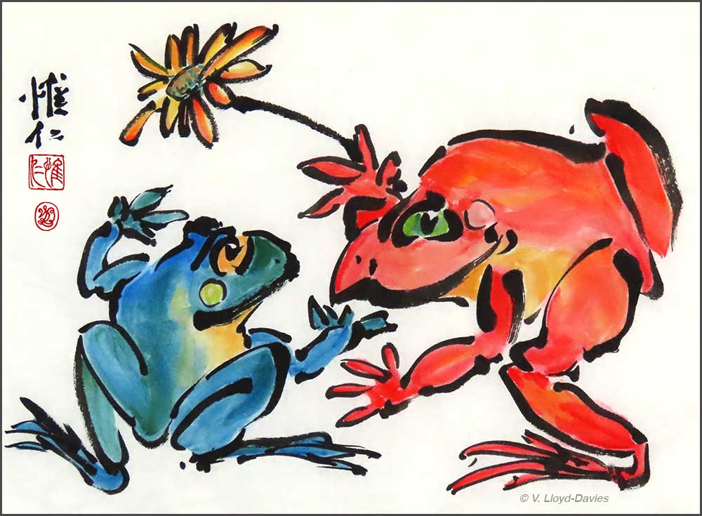 Red and blue frogs dancing with flower
