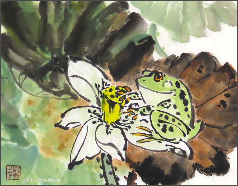 green frog sitting on white lotus flower