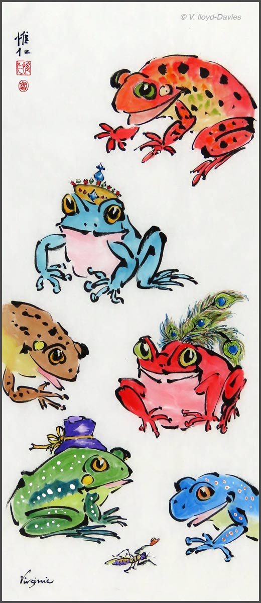 red, green, blue and brown frogs wearing hats, feathers, crowns