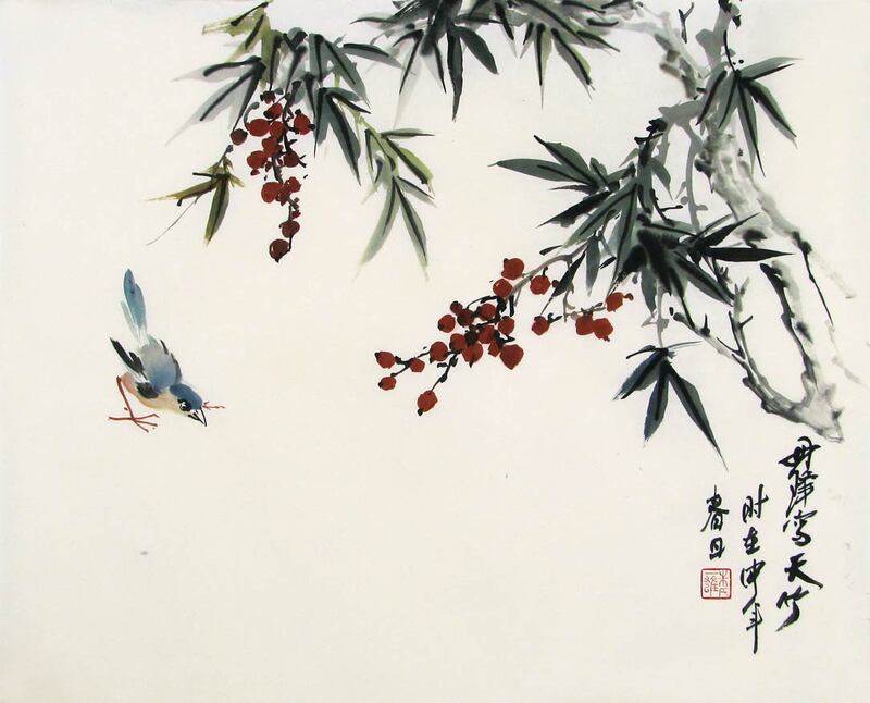 Heavenly Bamboo with red berries and blue bird