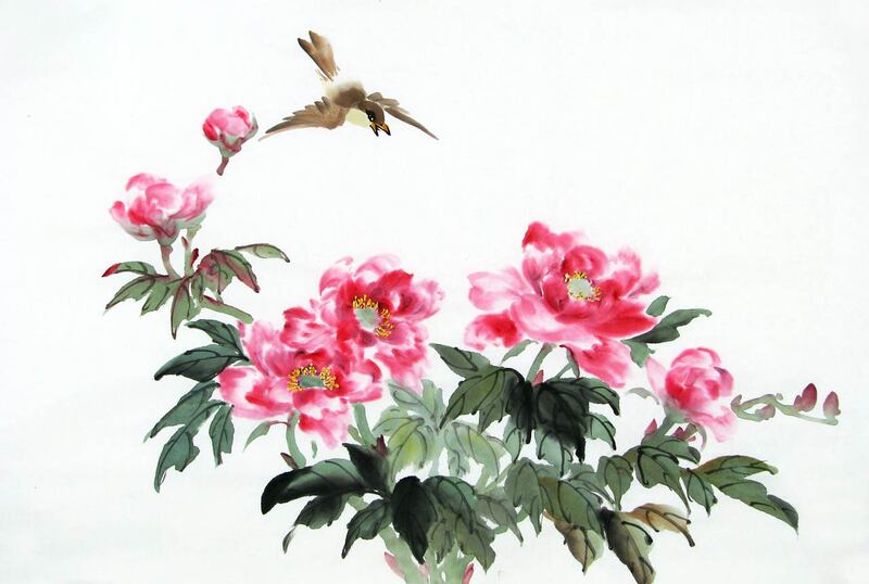 Red Peonies and Flying Brown Bird