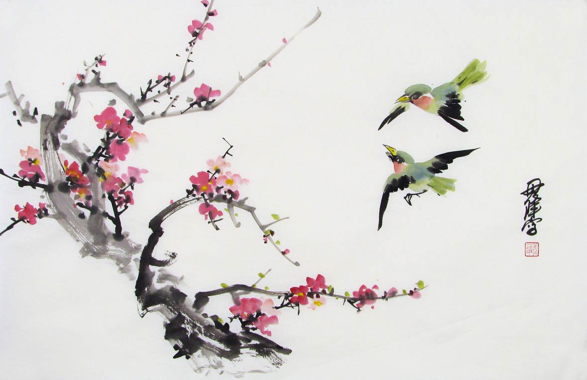 Red Plum and Green Birds