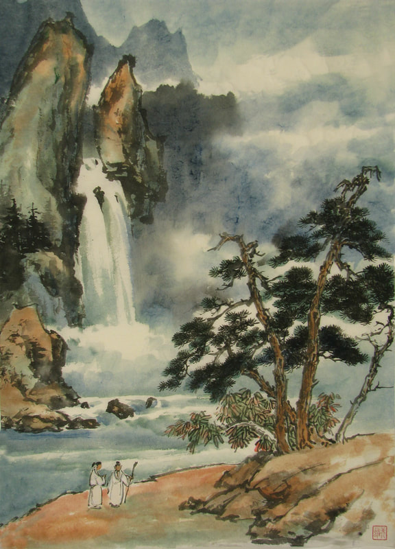 Rocks, waterfalls, pine trees, 2 people