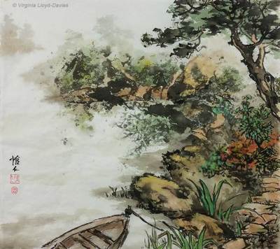 Chinese brush painting of rowboat in a quiet pond