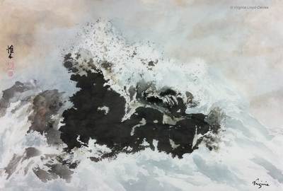 Chinese brush painting of big wave and spray