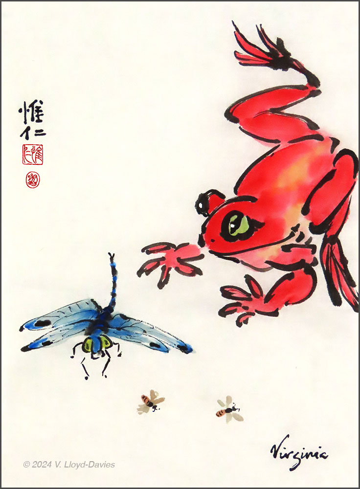 red frog chasing blue dragonfly and bees