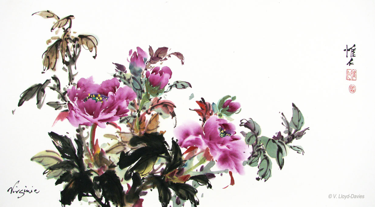 Chinese brush painting of deep pink peonies