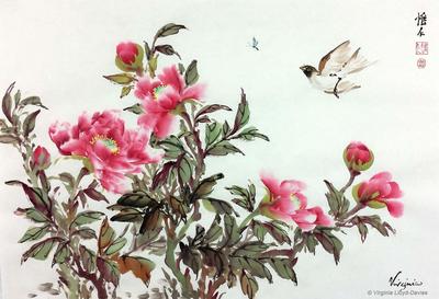 Chinese brush painting of red peonies with bird flying after blue bug