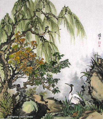 Chinese brush painting of crane, willow and rocks