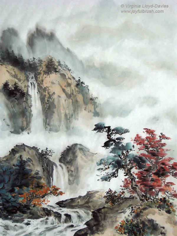 Chinese Brush Painting of Waterfall & Mountains on Single Raw Xuan Paper