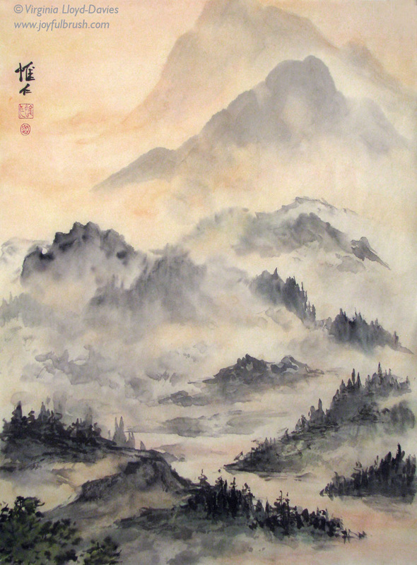 Chinese brush painting on rice paper of dawn in the mountins