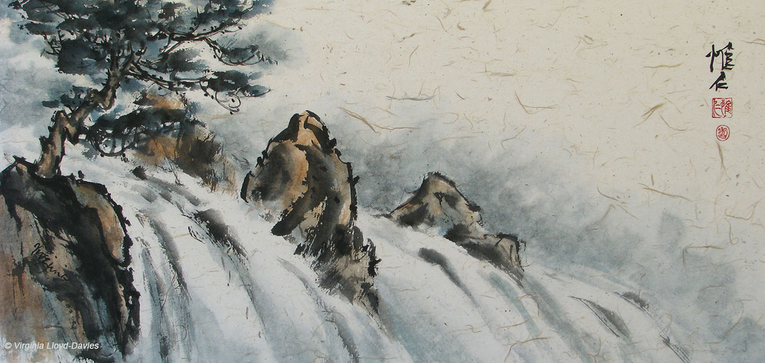 Chinese brush painting of rocks and large waterfall