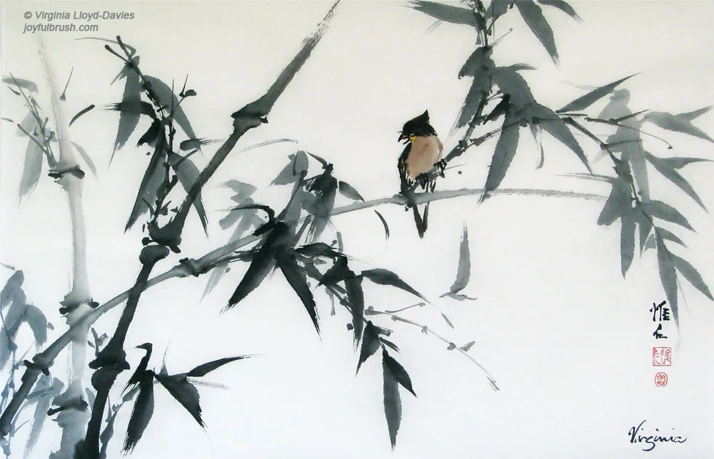 Chinese brush painting of bamboo and bird