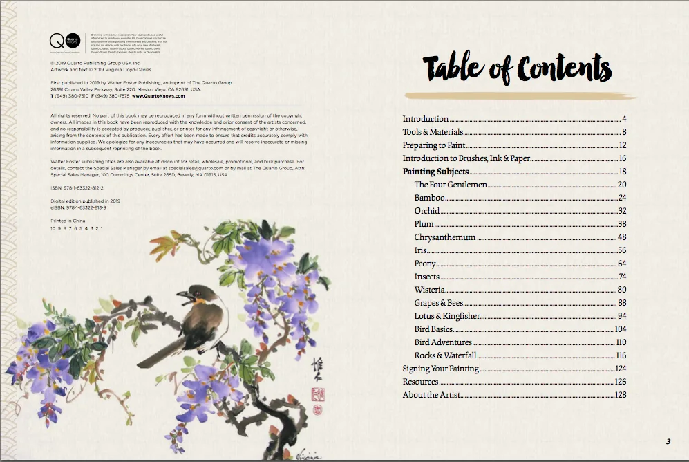 Chapter names and illustration of purple wisteria and bird Picture