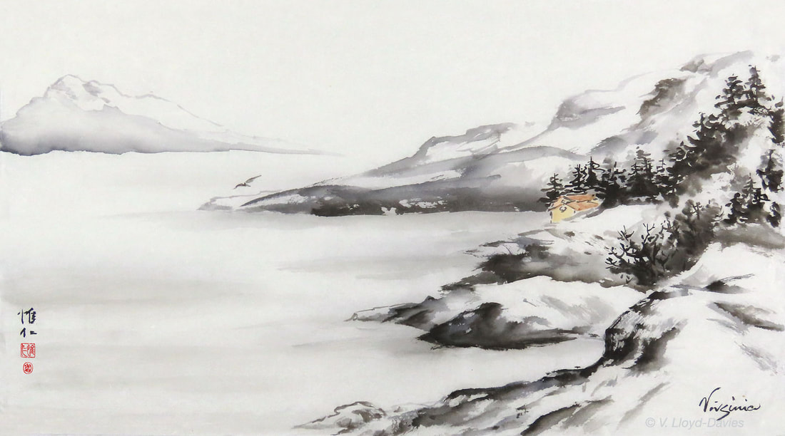 Snow on a lake with a cabin