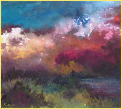 impressionistic painting of water, bank and very colorful sky