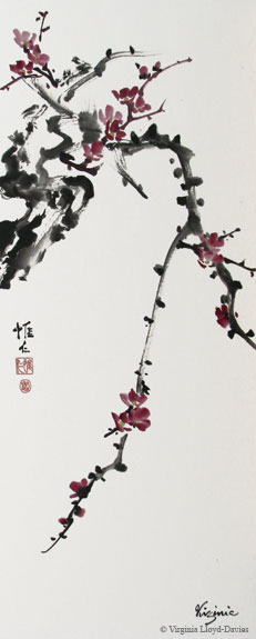Chinese brush painting of red plum blossom