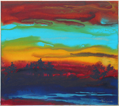 impressionistic painting of sky and tree reflections in water in reds, blues, yellows and turquoise