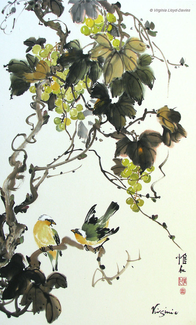 Chinese brush painting of green grapes and a pair of birds 