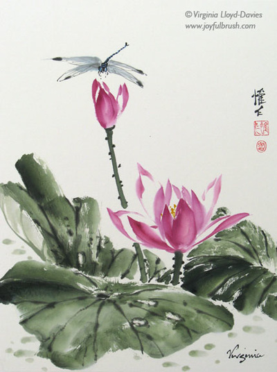 Chinese brush painting of pink water lily and dragonfly
