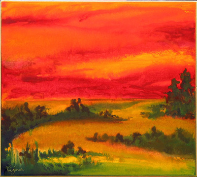 Winding river at sunset in red, orange, yellow and green
