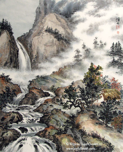 Chinese brush painting of mountains and misty