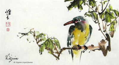 Chinese brush painting of kingfisher sitting on branch