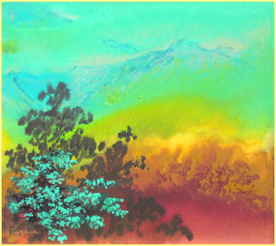 impressionistic mountain landscape in  yellow and red with turquoise trees
