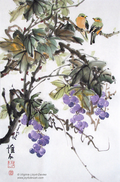 Chinese brush painting of pair of birds chatting on a purple grape vine