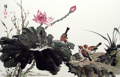 Chinese brush painting of three sparrows sitting on a lotus