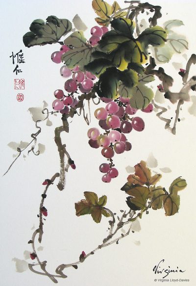Chinese brush painting of purple grapes and green leaves