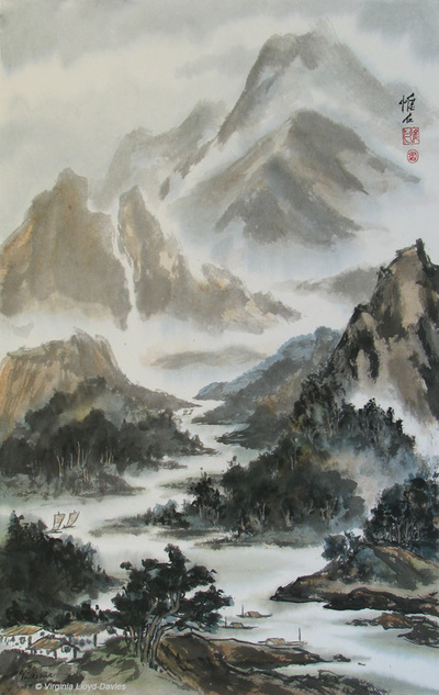 Chinese brush painting of zigzag river and boats with mountains in background