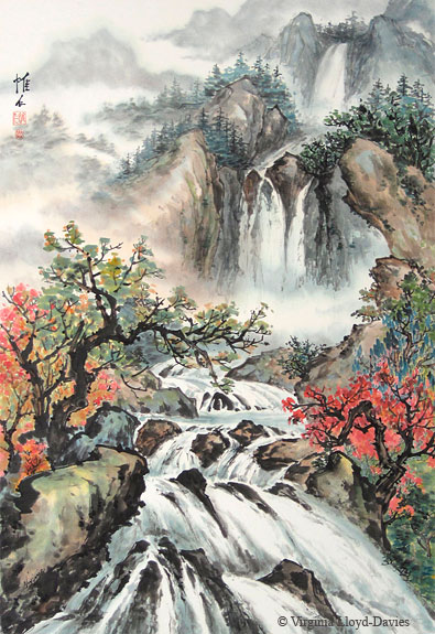 Chinese brush painting of mountain waterfalls and rapids w red trees