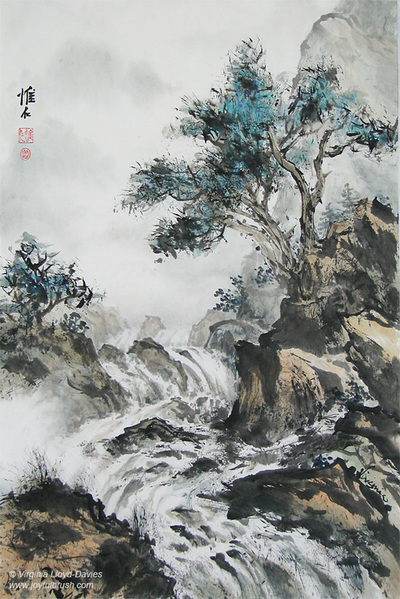 Chinese brush painting of mountain rapids with a blue tree
