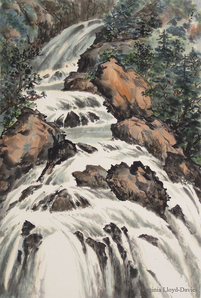 Chinese brush painting of mountain rapids