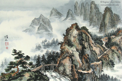 Chinese brush painting of bridge over turbulent river to village