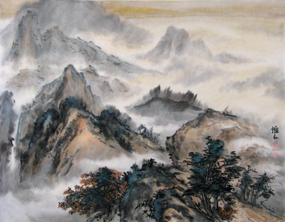 Chinese brush painting of mountains and waterfalls with blue-green trees and rocks