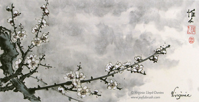 Chinese brush painting of white plum blossom