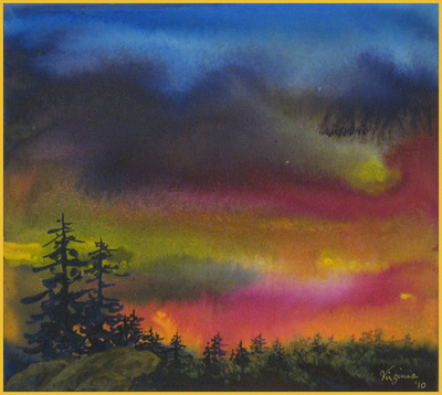 Impressionistic painting of green pine trees and aurora borealis