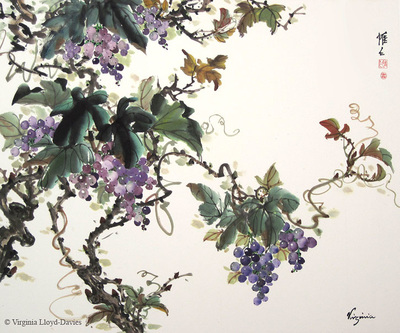 Chinese brush painting of purple grapes and green and brown leaves