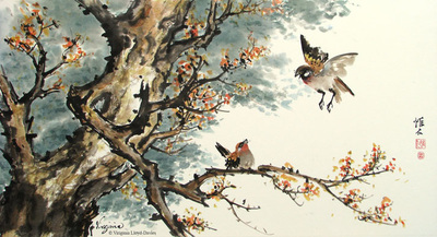 Chinese brush painting of two birds in an autumn tree