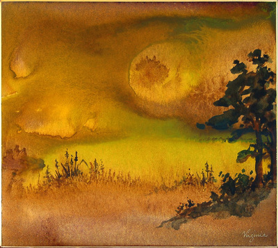 impressionistic landscape in yellows, browns and greens with two trees
